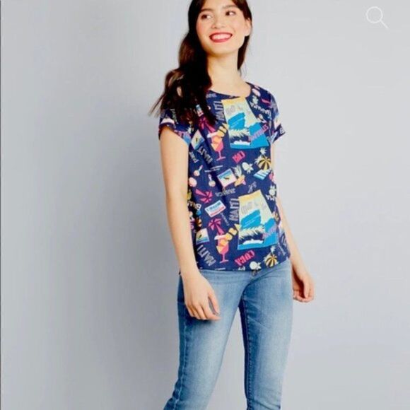 Modcloth Delightful Demeanor Short Sleeve Blouse Linen Navy Blue XS - Picture 4 of 13